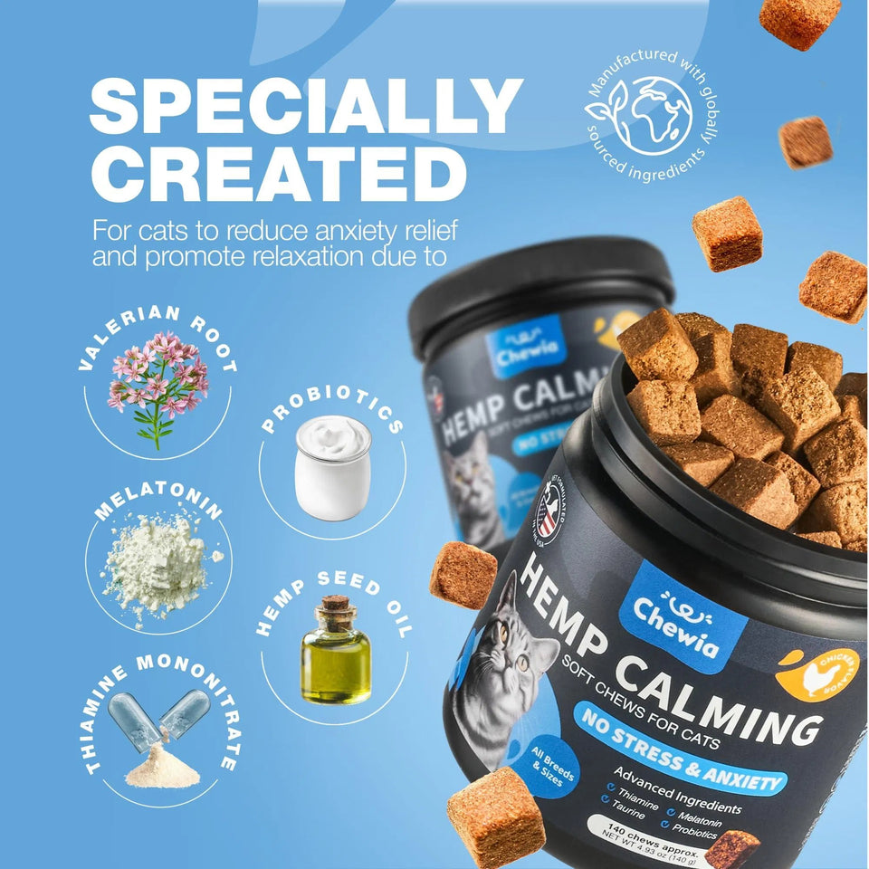 Cat Calming Treats Hemp Calming Care For Cats Cat Melatonin Soft Chews With Hemp Seed Oil And Probiotics Cat Anxiety Relief Storms Travel Grooming Separation Calming Chews For Cats