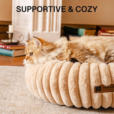 MEWOOFUN Donut Cat Bed - Washable Round Pet Bed For Indoor Cats & Kittens, Fluffy Non-Slip Calming Bed For Small Dogs, Light Brown