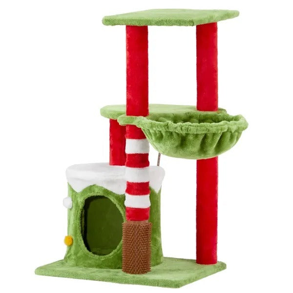 32in Cat Scratching Posts Tower With Cat Condo And Hammock, Christmas Themed Plush Cat Tree With Cat Massage Brush, Activity Center For Indoor Cats