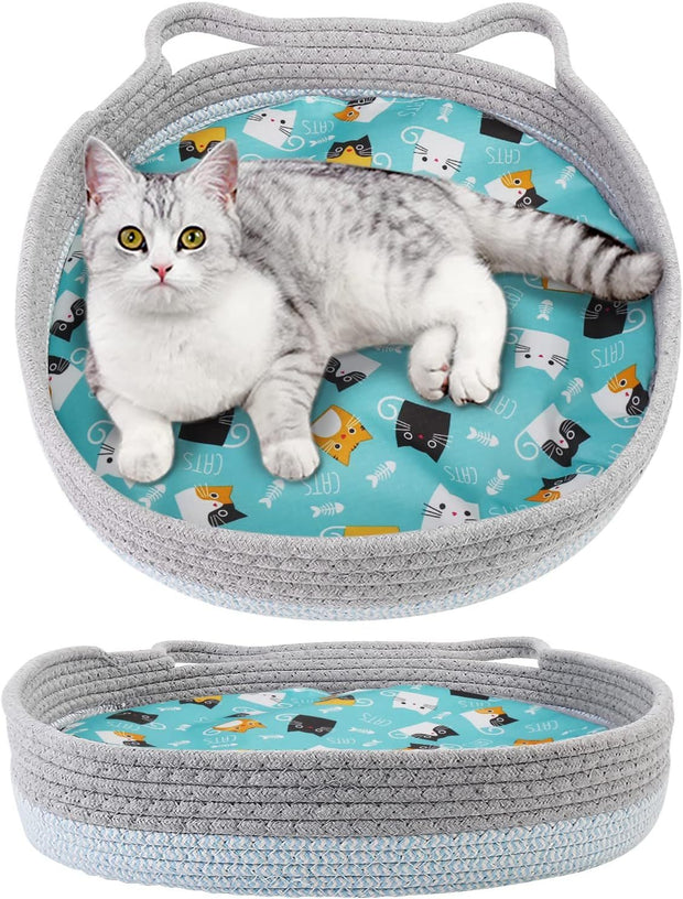 Round Cat Bed For Indoor Cats Cat Basket Bed  Wicker Cat Donut Beds Cooling Cat Nest For Summer Sleeping Washable Pet Pad For Cat Scratching
