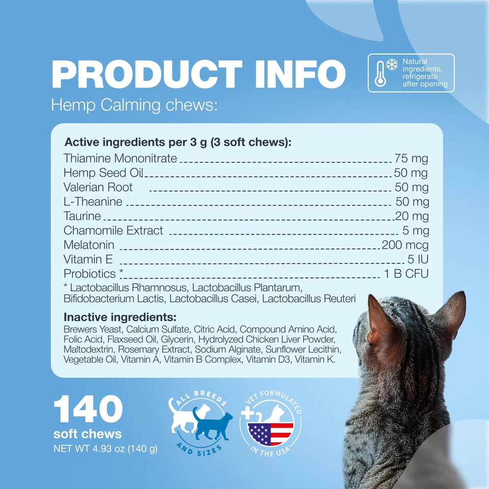 Cat Calming Treats Hemp Calming Care For Cats Cat Melatonin Soft Chews With Hemp Seed Oil And Probiotics Cat Anxiety Relief Storms Travel Grooming Separation Calming Chews For Cats